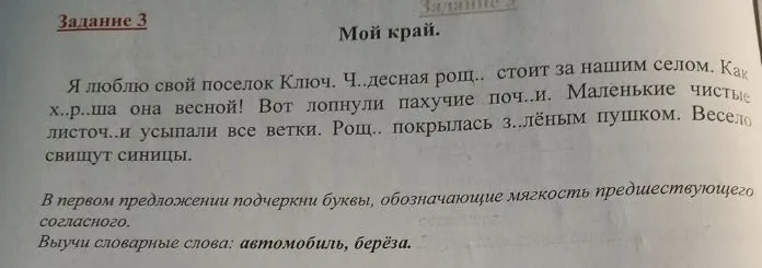 Задание 3. Мой край. В первом предложении подчеркни буквы, обозначающие мягкость предшествующего согласного. Выучи словарные слова: автомобиль, берёза.