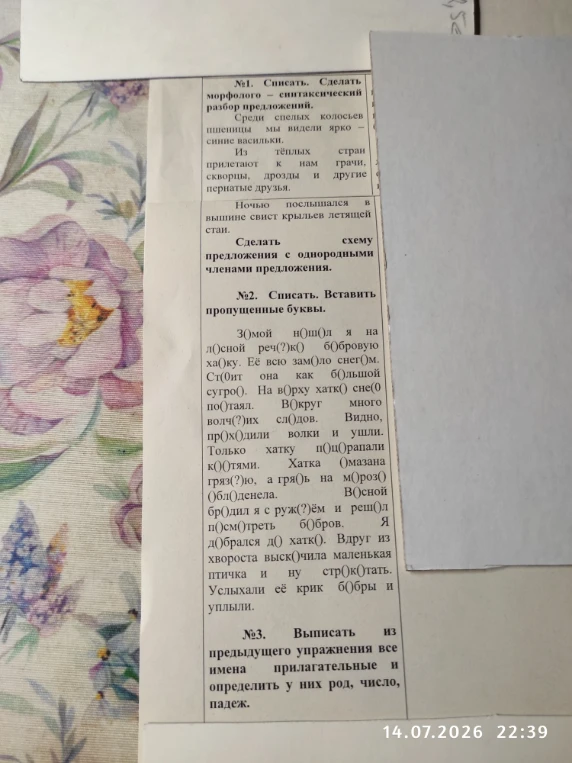 №1. Списать. Сделать морфолого-синтаксический разбор предложений. №2. Списать. Вставить пропущенные буквы.
