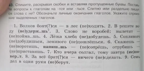 Спишите, раскрывая скобки и вставляя пропущенные буквы. Поставьте вопросы к глаголам на -тся или -ться. Слитно или раздельно пишутся слова с не? Обозначьте личные окончания глаголов. Укажите спряжение выделенных глаголов.