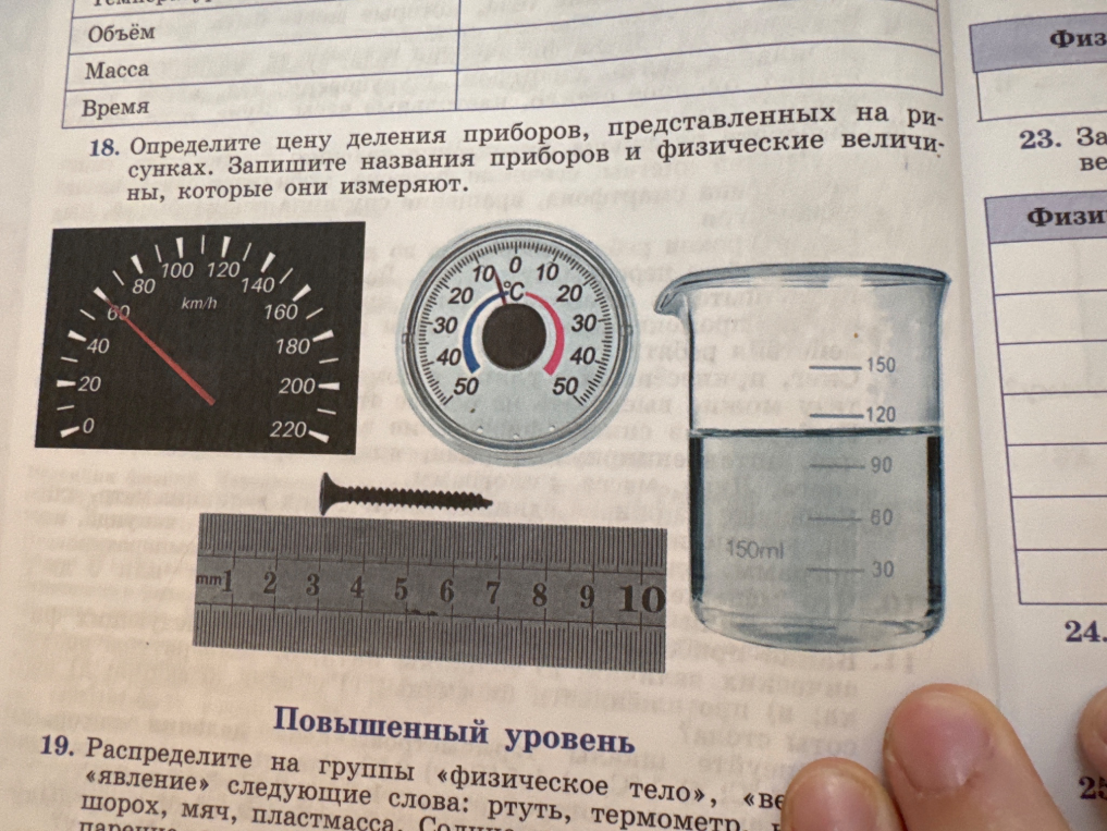 18. Определите цену деления приборов, представленных на рисунках. Запишите названия приборов и физические величины, которые они измеряют.