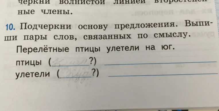 10. Подчеркни основу предложения. Выпиши пары слов, связанных по смыслу. Перелётные птицы улетели на юг.