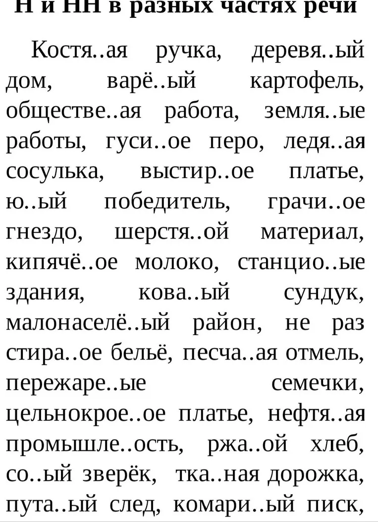Н и НН в разных частях речи: Костя..ая ручка, деревя..ый дом, варё..ый картофель...