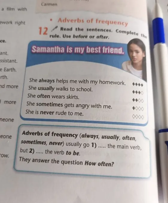 Adverbs of frequency (always, usually, often, sometimes, never) usually go 1) ..... the main verb, but 2) ..... the verb to be.