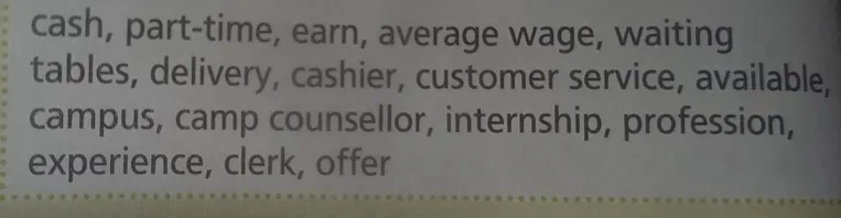 cash, part-time, earn, average wage, waiting tables, delivery, cashier, customer service, available, campus, camp counsellor, internship, profession, experience, clerk, offer