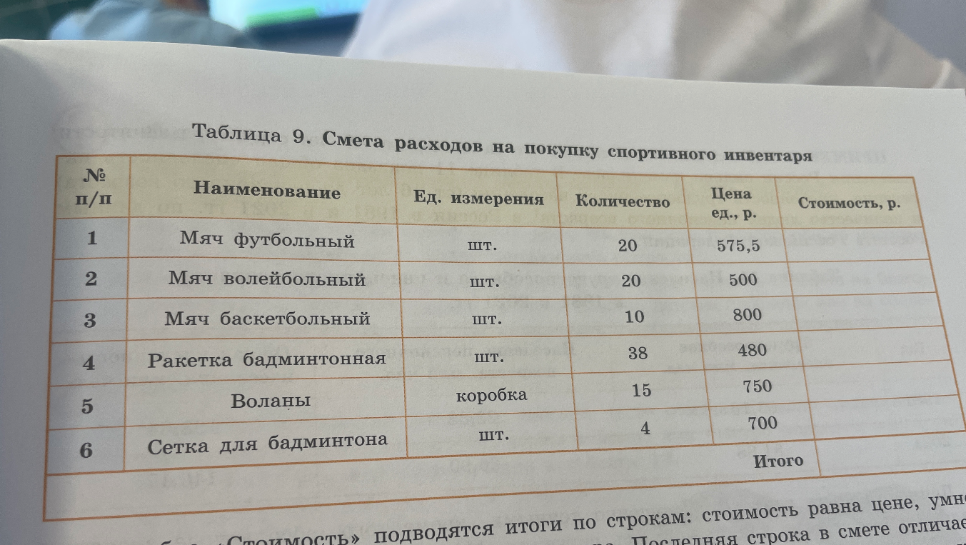 Таблица 9. Смета расходов на покупку спортивного инвентаря