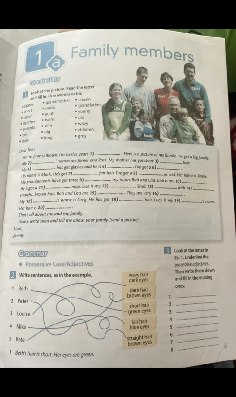 Look at the picture. Read the letter and fill in. One word is extra: father, short, sister, brother, parents, tall, dark, grandmother, uncle, aunt, twins, slim, big, long, cousin, grandfather, young, old, wavy, children, grey