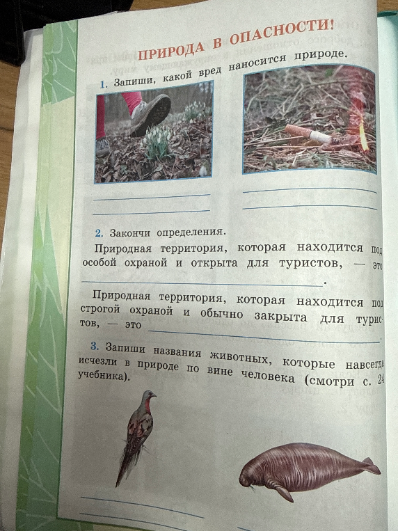 ПРИРОДА В ОПАСНОСТИ! 1. Запиши, какой вред наносится природе. 2. Закончи определения. 3. Запиши названия животных, которые навсегда исчезли в природе по вине человека.