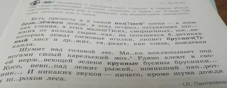 Прочитайте и озаглавьте текст. Спишите. В первом абзаце над существительными напишите вид и спряжение; во втором над ними напишите род и падеж; над выделенными прилагательными напишите род и падеж.