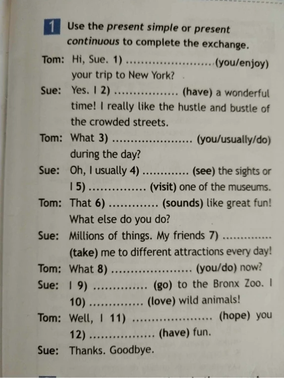 Use the present simple or present continuous to complete the exchange.