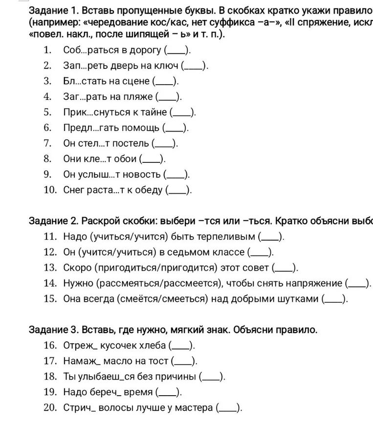 Вставь пропущенные буквы. В скобках кратко укажи правило (например: «чередование кос/кас, нет суффикса –а–», «II спряжение, искл», «повел. накл., после шипящей – ь» и т. п.).