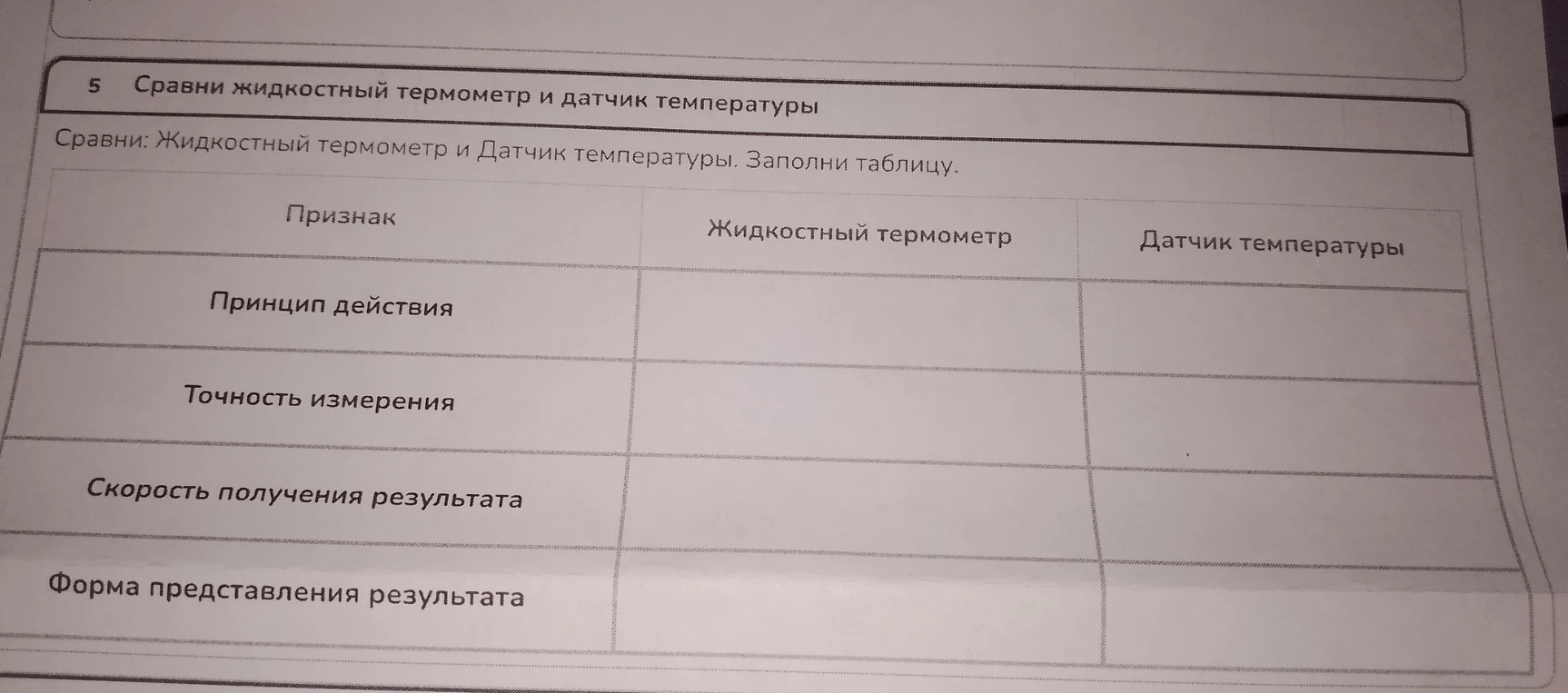 Сравни: Жидкостный термометр и Датчик температуры. Заполни таблицу.