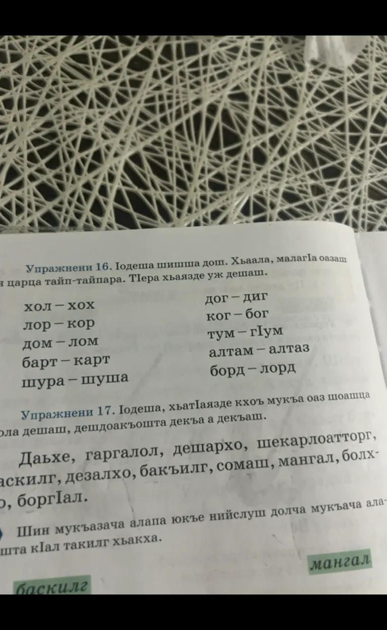 Упражнени 16. Іодеша шишша дош. Хьаала, малагІа оазаш я царца тайп-тайпара. ТІера хьаязде уж дешаш.
