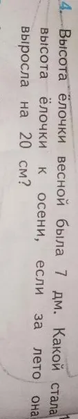 Высота ёлочки весной была 7 дм. Какой стала высота ёлочки к осени, если за лето она выросла на 20 см?