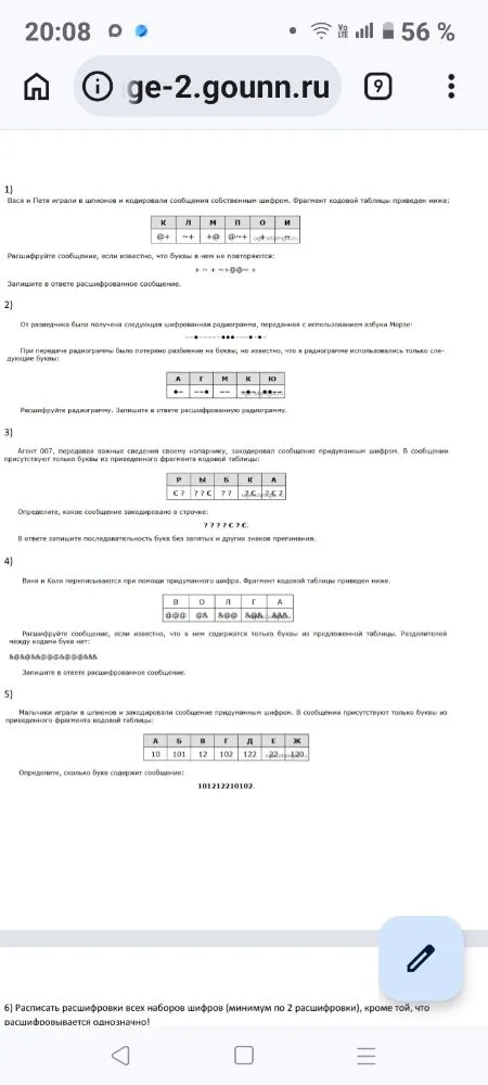 1) Вася и Петя играли в шпионов и кодировали сообщения собственным шифром. Фрагмент кодовой таблицы приведен ниже: