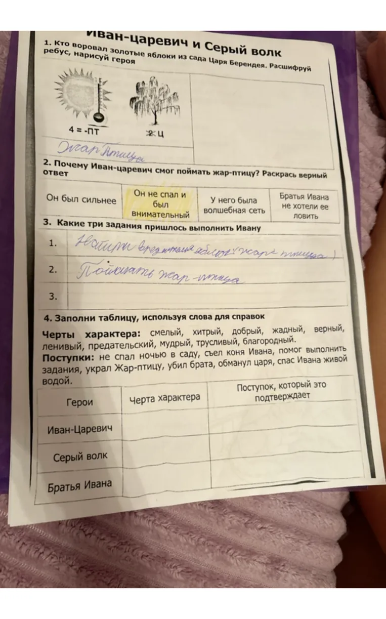 Заполни таблицу, используя слова для справок. Черты характера: смелый, хитрый, добрый, жадный, верный, ленивый, предательский, мудрый, трусливый, благородный. Поступки: не спал ночью в саду, съел коня Ивана, помог выполнить задания, украл Жар-птицу, убил брата, обманул царя, спас Ивана живой водой.