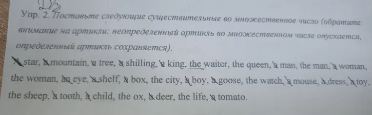 Упр. 2. Поставьте следующие существительные во множественное число (обратите внимание на артикли: неопределенный артикль во множественном числе опускается, определенный артикль сохраняется).