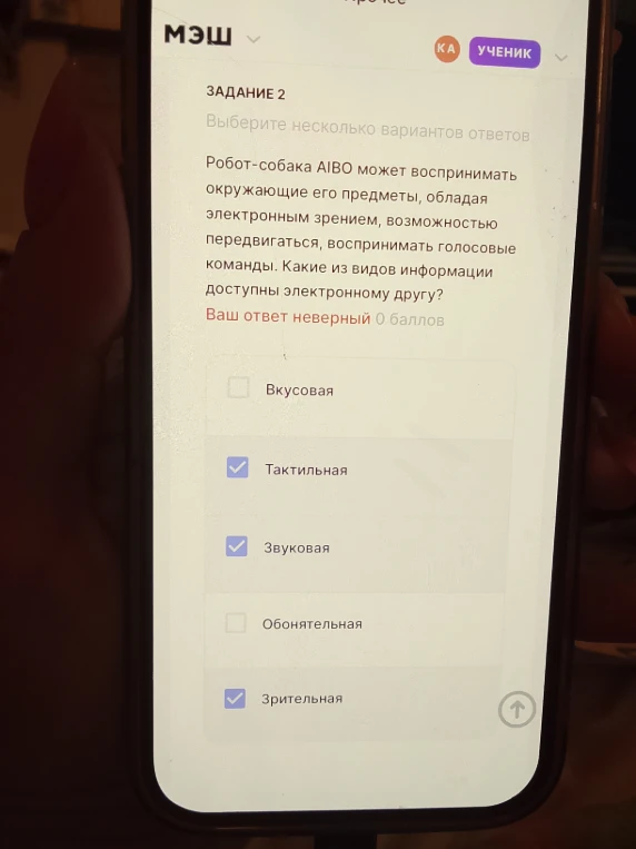 Робот-собака AIBO может воспринимать окружающие его предметы, обладая электронным зрением, возможностью передвигаться, воспринимать голосовые команды. Какие из видов информации доступны электронному другу?
