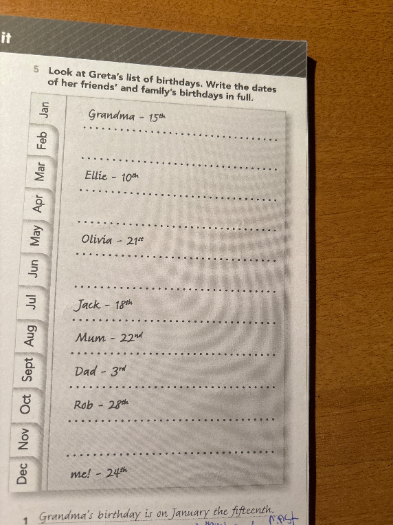 Look at Greta's list of birthdays. Write the dates of her friends' and family's birthdays in full.