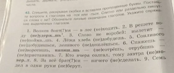 43. Спишите, раскрывая скобки и вставляя пропущенные буквы. Поставьте вопросы к глаголам на -тся или -ться. Слитно или раздельно пишутся слова с не? Обозначьте личные окончания глаголов. Укажите спряжение выделенных глаголов.