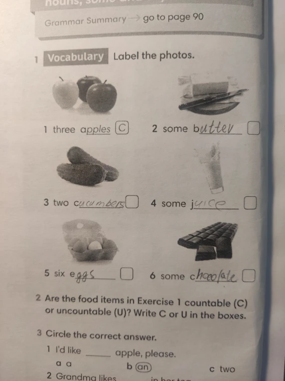 Are the food items in Exercise 1 countable (C) or uncountable (U)? Write C or U in the boxes.