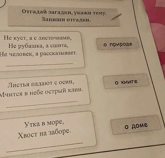 Отгадай загадки, укажи тему. Запиши отгадки.