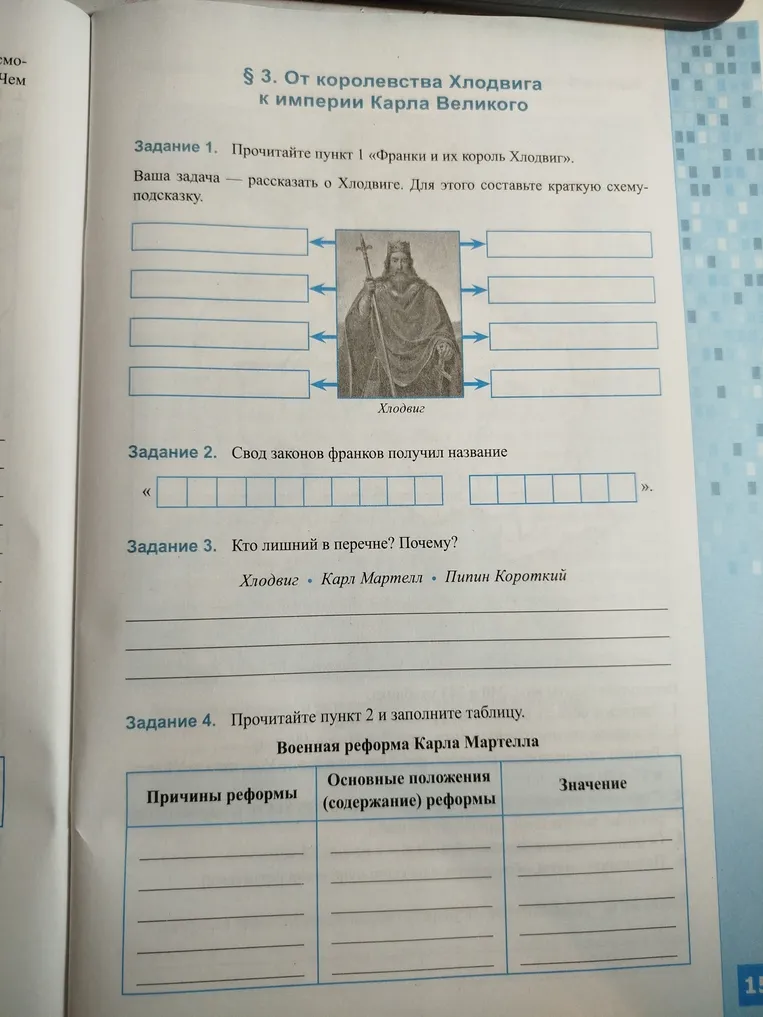 § 3. От королевства Хлодвига к империи Карла Великого. Задание 1. Прочитайте пункт 1 «Франки и их король Хлодвиг». Ваша задача — рассказать о Хлодвиге. Для этого составьте краткую схему-подсказку.