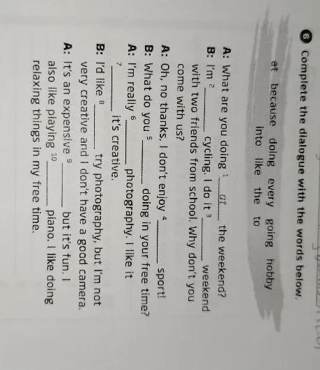 Complete the dialogue with the words below. at because doing every going hobby into like the to
