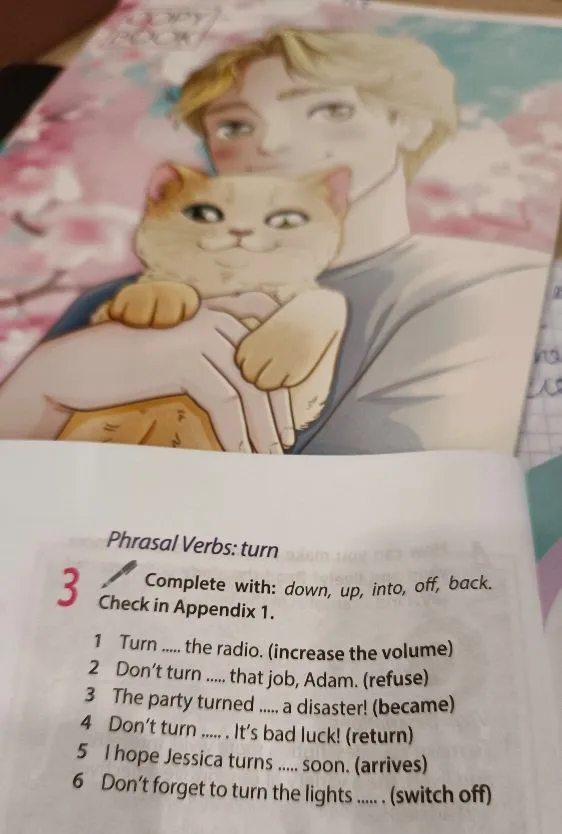 Complete with: down, up, into, off, back.