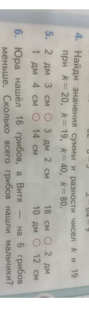 Найди значения суммы и разности чисел k и 19 при k = 20, k = 19, k = 40, k = 80.