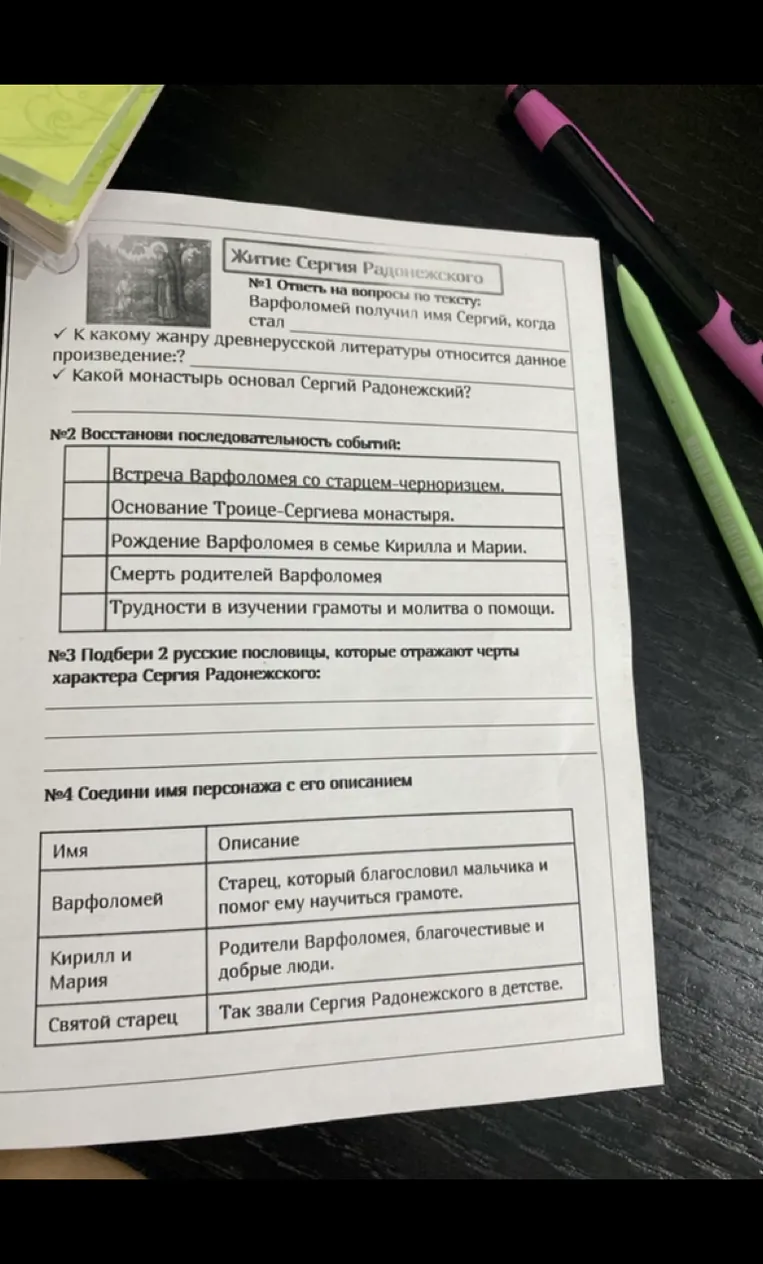 Житие Сергия Радонежского №1 Ответь на вопросы по тексту: Варфоломей получил имя Сергий, когда стал