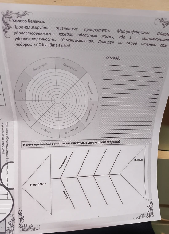 Проанализируйте жизненные приоритеты Митрофанушки. Шкала удовлетворенности каждой областью жизни, где 1 - минимальная, 10 - максимальная. Доволен ли своей жизнью сам недоросль? Сделайте вывод.