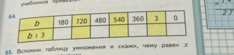 64. Заполни таблицу: b, 180, 720, 480, 540, 360, 3, 0; b : 3.