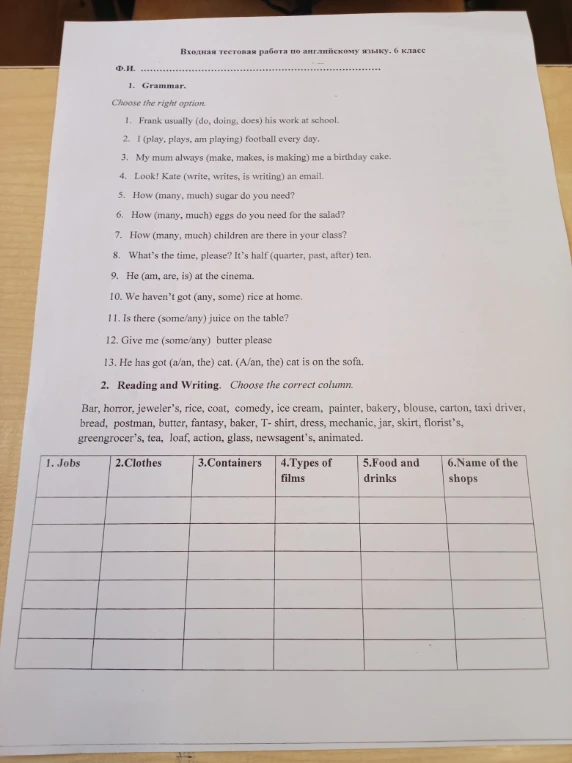 Входная тестовая работа по английскому языку. 6 класс. 1. Grammar. Choose the right option.