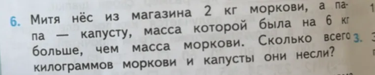 Митя нёс из магазина 2 кг моркови, а папа — капусту, масса которой была на 6 кг больше, чем масса моркови. Сколько всего килограммов моркови и капусты они несли?