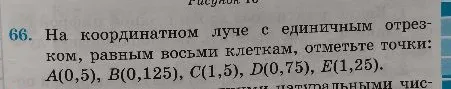 На координатном луче с единичным отрезком, равным восьми клеткам, отметьте точки: A(0,5), B(0,125), C(1,5), D(0,75), E(1,25).