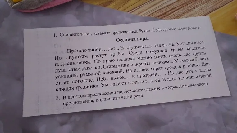 1. Спишите текст, вставляя пропущенные буквы. Орфограммы подчеркните.