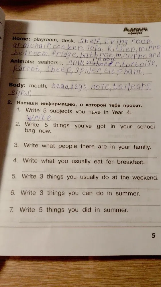 Write 5 subjects you have in Year 4.