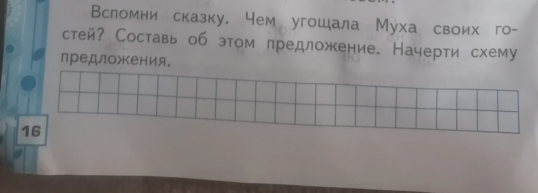 Вспомни сказку. Чем угощала Муха своих гостей? Составь об этом предложение. Начерти схему предложения.