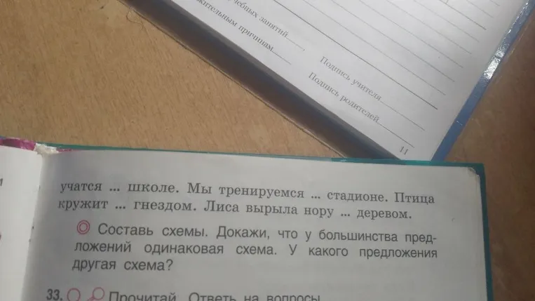 учатся ... школе. Мы тренируемся ... стадионе. Птица кружит ... гнездом. Лиса вырыла нору ... деревом. Составь схемы. Докажи, что у большинства предложений одинаковая схема. У какого предложения другая схема?