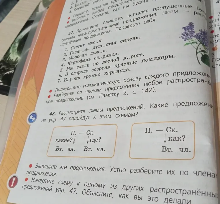 Прочитайте. Спишите, вставляя пропущенные буквы, сначала нераспространённые предложения, затем — распространённые предложения. Проверьте себя.