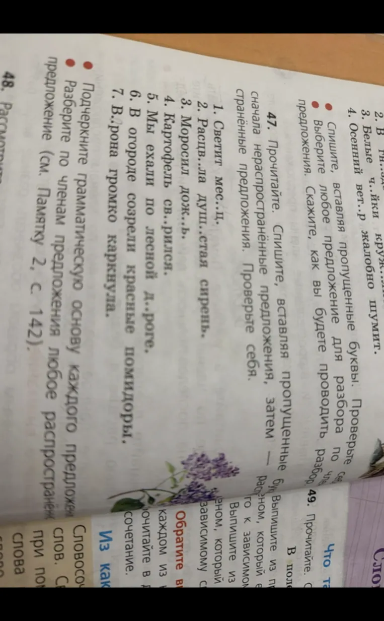 47. Прочитайте. Спишите, вставляя пропущенные буквы. Проверьте себя. Сначала выпишите нераспространённые предложения, затем — распространённые предложения.