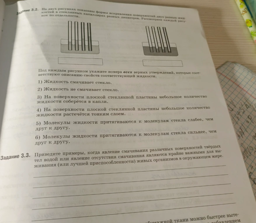Задание 3.2. На двух рисунках показаны формы искривления поверхностей двух разных жидкостей в стеклянных капиллярах разных диаметров. Рассмотрите каждый рисунок по отдельности.