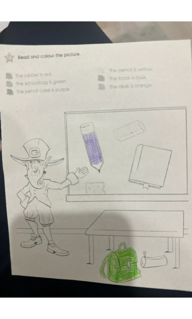 Read and colour the picture. The rubber is red. The schoolbag is green. The pencil case is purple. The pencil is yellow. The book is blue. The desk is orange.
