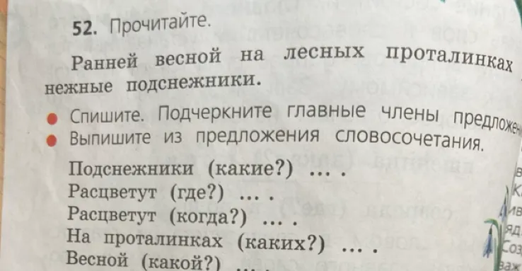 52. Прочитайте. Ранней весной на лесных проталинках нежные подснежники.