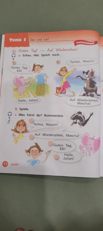 6 Guten Tag! — Auf Wiedersehen! c. Was hörst du? Nummeriere.
