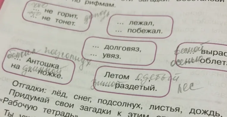 Восстанови загадки по рифмам и отгадкам.