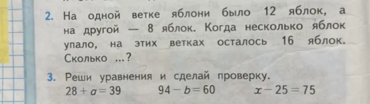 На одной ветке яблони было 12 яблок, а на другой — 8 яблок. Когда несколько яблок упало, на этих ветках осталось 16 яблок. Сколько ...?