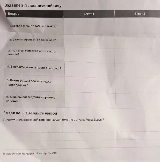 Задание 2. Заполните таблицу. Вопрос. Какое явление описано в тексте?