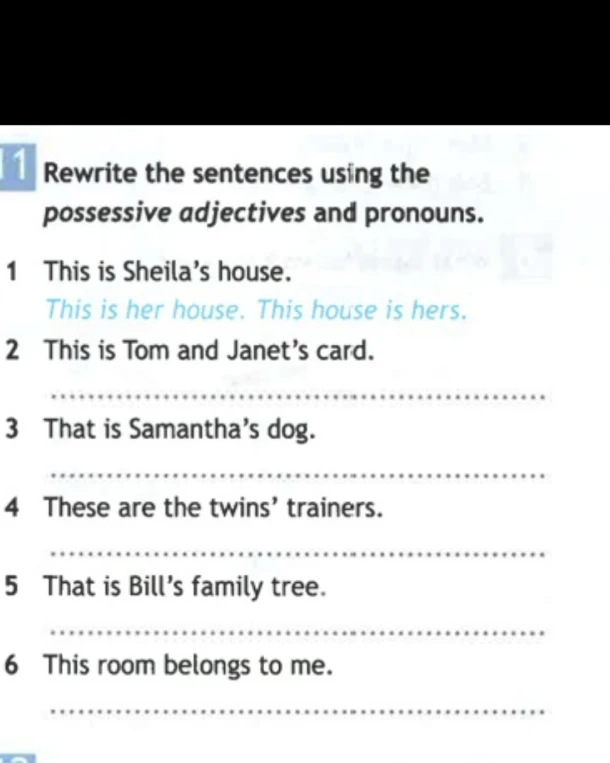 Rewrite the sentences using the possessive adjectives and pronouns.