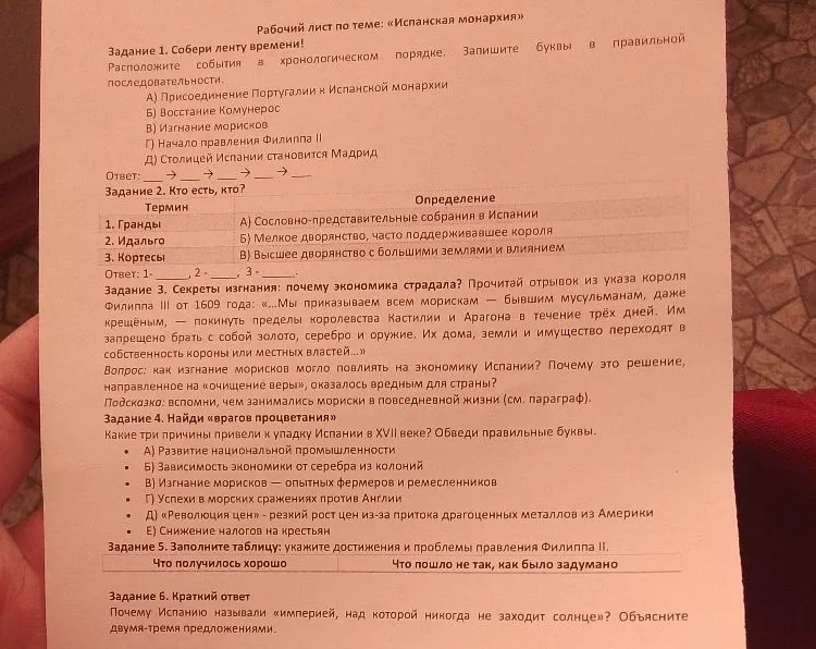 Рабочий лист по теме: «Испанская монархия»
